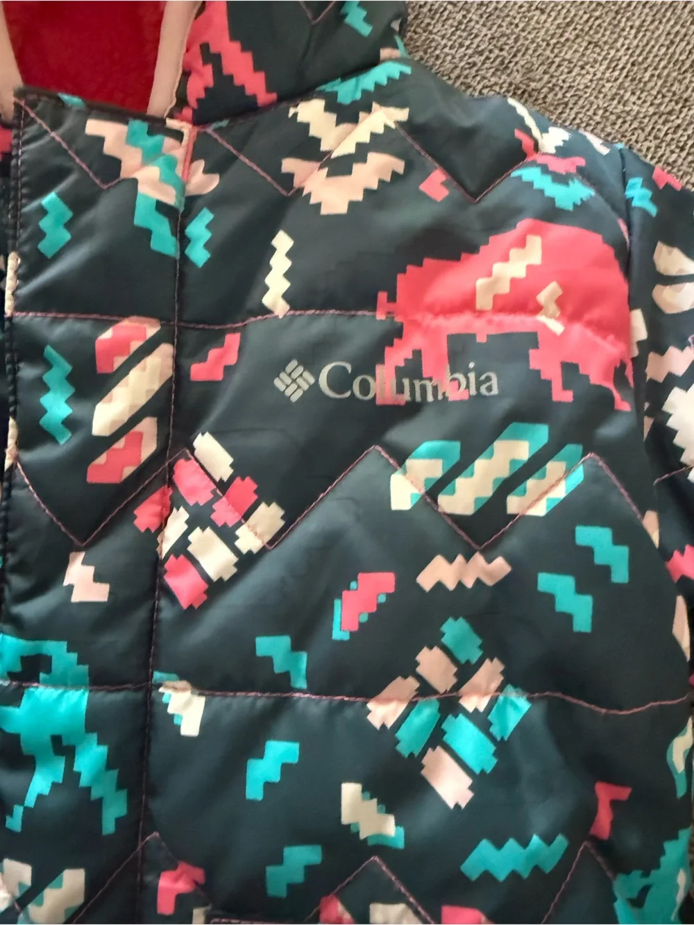 Columbia Kids Navy Puffer Jacket with Pink & Teal Pixel Print